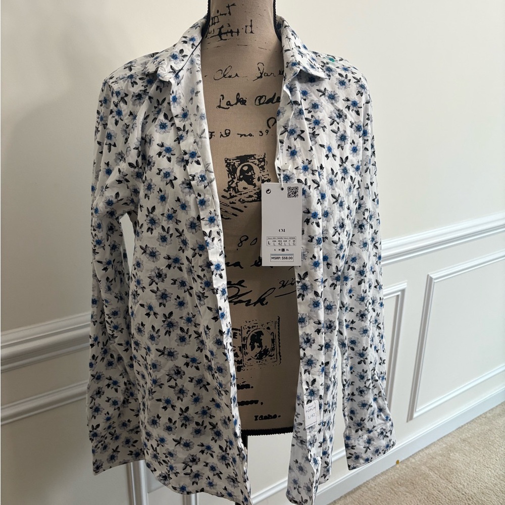 Chic Floral Button Down Shirt - Blue and White